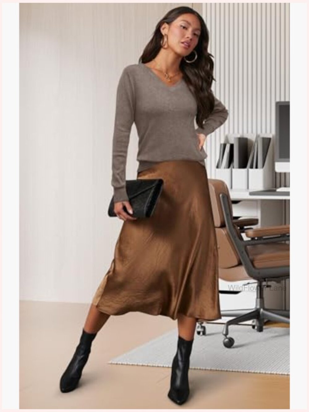 Women's Wool Blend V-Neck Pullover Sweater Loose Fit Long Sleeve - Picture 4 of 6